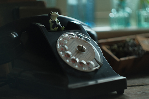 ツバキアキラが撮ったカエルのコポー。本物の黒電話と、電話をしているコポタロウ。