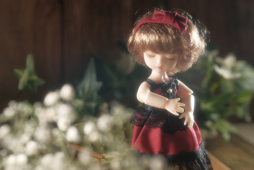 ツバキアキラが撮った、DOLLFACTORY・Baby AriのEmma。ふんわりと優しい、かすみ草と赤いドレス姿のEmma。