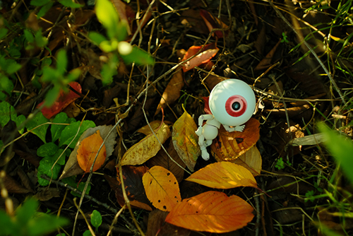 ツバキアキラが撮った、海洋堂・タケヤ式自在置物・目玉おやじ。枯れ葉の上に、ゴロリと横になっている、呑気な目玉おやじ。